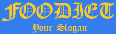'Foodiet' logo with yellow vintage text on blue background featuring 'Your Slogan'.