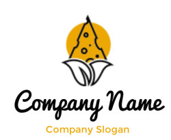 Logo featuring a cheese slice with leaves on an orange background.