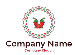 A decorative emblem featuring two red chili peppers with green stems, surrounded by a red and green circular design.
