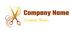 Stylized logo of scissors with swirling patterns in brown and gold.