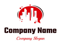 Illustration of an urban skyline within a red speech bubble, symbolizing city communication or discussion.
