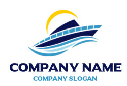 Illustration of a modern boat with a yellow sun and blue waves.