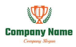 An orange trophy icon featuring a football design in the center, bordered by a green laurel wreath, symbolizing sports victory.