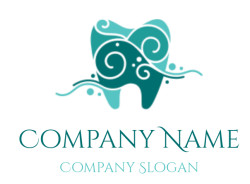 Artistic tooth illustration with swirling patterns in blue and teal colors.