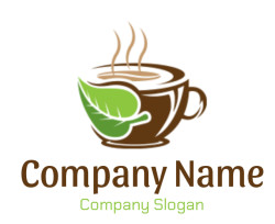 Illustration of a brown coffee cup with steam rising and a green leaf, symbolizing eco-friendliness.