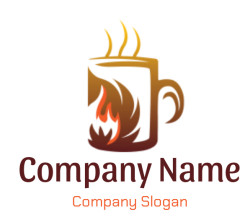 Stylized illustration of a coffee mug with flames and steam.