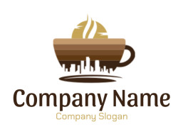 Illustration of a coffee cup with a cityscape silhouette and steam rising against a sun.