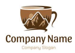 Illustration of a coffee cup with mountain and forest design.