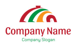 Abstract logo with red, green, and orange arched lines.