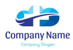 Abstract logo featuring blue and white geometric shapes in a modern design.