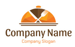 Icon of a cloche with crossed fork and knife in orange and brown colors.