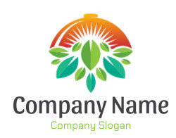 Eco-friendly logo featuring a sunburst above stylized green leaves.