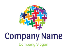 Abstract design of multicolored plus signs forming a globe shape.