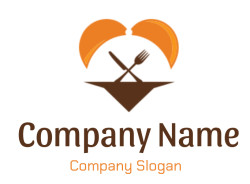 Heart-shaped logo featuring a crossed fork and knife in orange and brown.