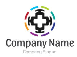 Colorful, circular logo featuring a central black cross with geometric design.
