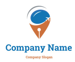 Logo featuring a stylized globe with an airplane and navigation marker.