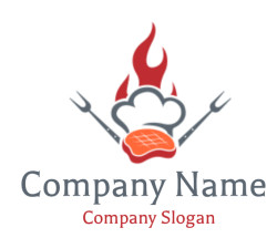 Illustration of a chef hat with red flames and grilling tools.