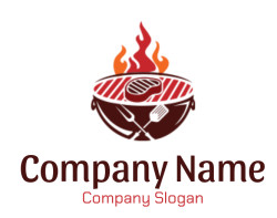 Illustration of a grill with a steak and flames on top, accompanied by grilling utensils.