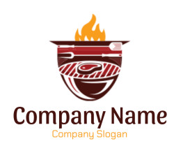 Illustration of a grill logo featuring a steak, flame, spatula, and fork.