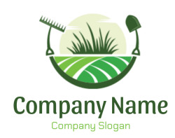 A logo featuring a semi-circle with grass, a rake, and a shovel symbolizing gardening and landscaping.