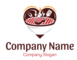 Heart-shaped barbecue grill icon with steak and utensils.