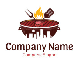 Icon of a barbecue grill with a steak, flames, and cooking utensils.