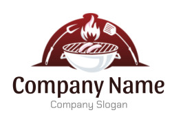 Illustration of a barbecue grill with sausages over a flame, flanked by a spatula and tongs.