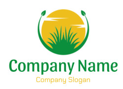 Eco-friendly logo featuring green leaves, a yellow sun with a sunrise design.