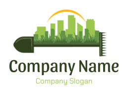 Illustration of a green city skyline with grass and a sunset, symbolizing eco-friendly urban development.