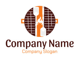 Barbecue grill icon featuring spatula, fork, and flame.