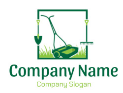 Icon of garden tools and a lawn mower with green grass