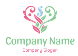 Abstract floral design in pink, green, and blue colors with swirls and leaf patterns.