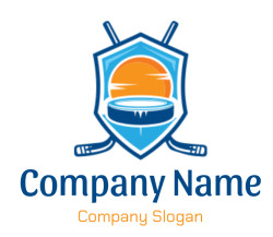 Stylized hockey logo featuring a sun, puck, and crossed sticks within a shield.