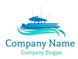 Illustration of a blue boat silhouette with stylized water waves.