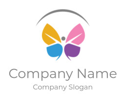 An abstract and colorful butterfly logo with blue, pink, purple, and yellow sections.