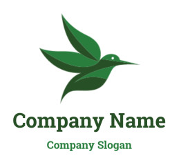 Abstract hummingbird logo design with green leaf elements.