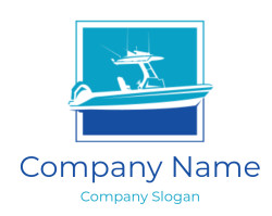 Silhouette of a modern speedboat in a blue-themed logo design.