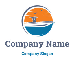 Stylized silhouette of a boat at sunset with birds above, representing a nautical logo.