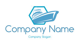 Stylized boat illustration within a blue hexagon logo design.