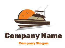 Vector illustration of a fishing boat silhouette against an orange sunset with birds.