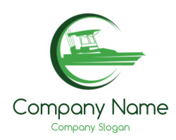 Green silhouette of a boat with a crescent design, resembling a logo.