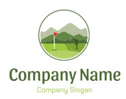 Golf icon featuring a silhouette of a golfer, a red flag, and mountains in the background.