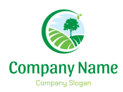 Eco-friendly agriculture logo featuring a green tree and fields within a circular design.