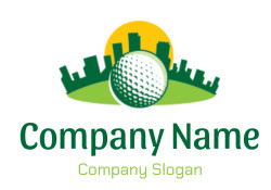 Illustration of a golf ball with a city skyline and sunset.