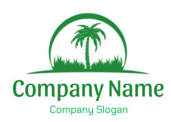 Green silhouette of a palm tree with grass and a circular arc above.