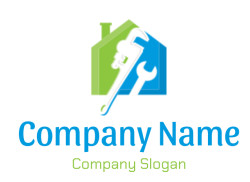 Home repair logo featuring a wrench and pipe wrench inside a house icon.