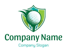 A golf emblem featuring a stylized golf ball on a green shield background.