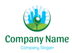 Illustration of a golf ball on a tee with an urban skyline in the background.