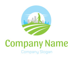 Logo featuring a person mowing grass against a city skyline backdrop.