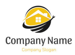 Logo featuring a yellow house within a safety helmet, representing construction.